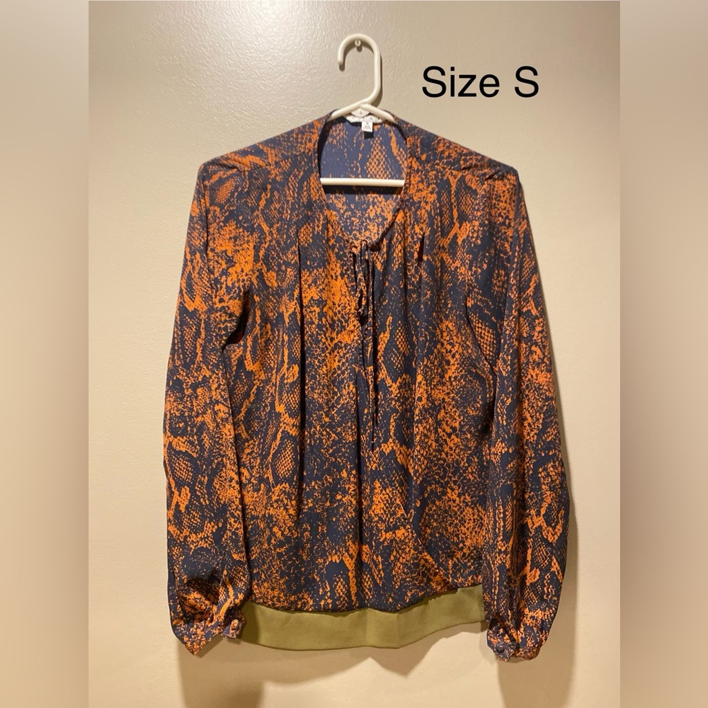 Cabi | Python Print Border Wrap Blouse Navy Rust … - image 3